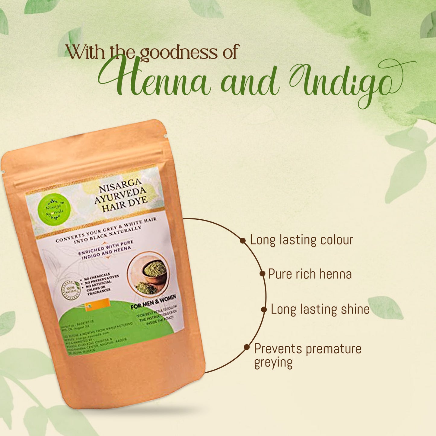 Ayurvedic Hair Colour Henna & Indigo Powder for Black & Brown Hair Colour and Grey & White Hair - 100 gm