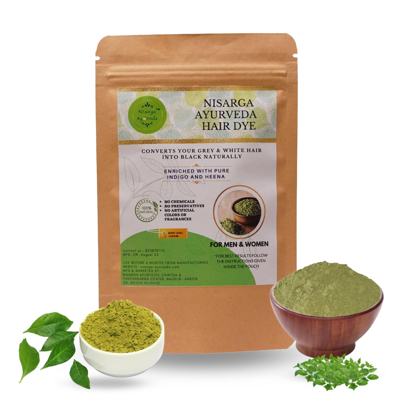 Ayurvedic Hair Colour Henna & Indigo Powder for Black & Brown Hair Colour and Grey & White Hair - 100 gm