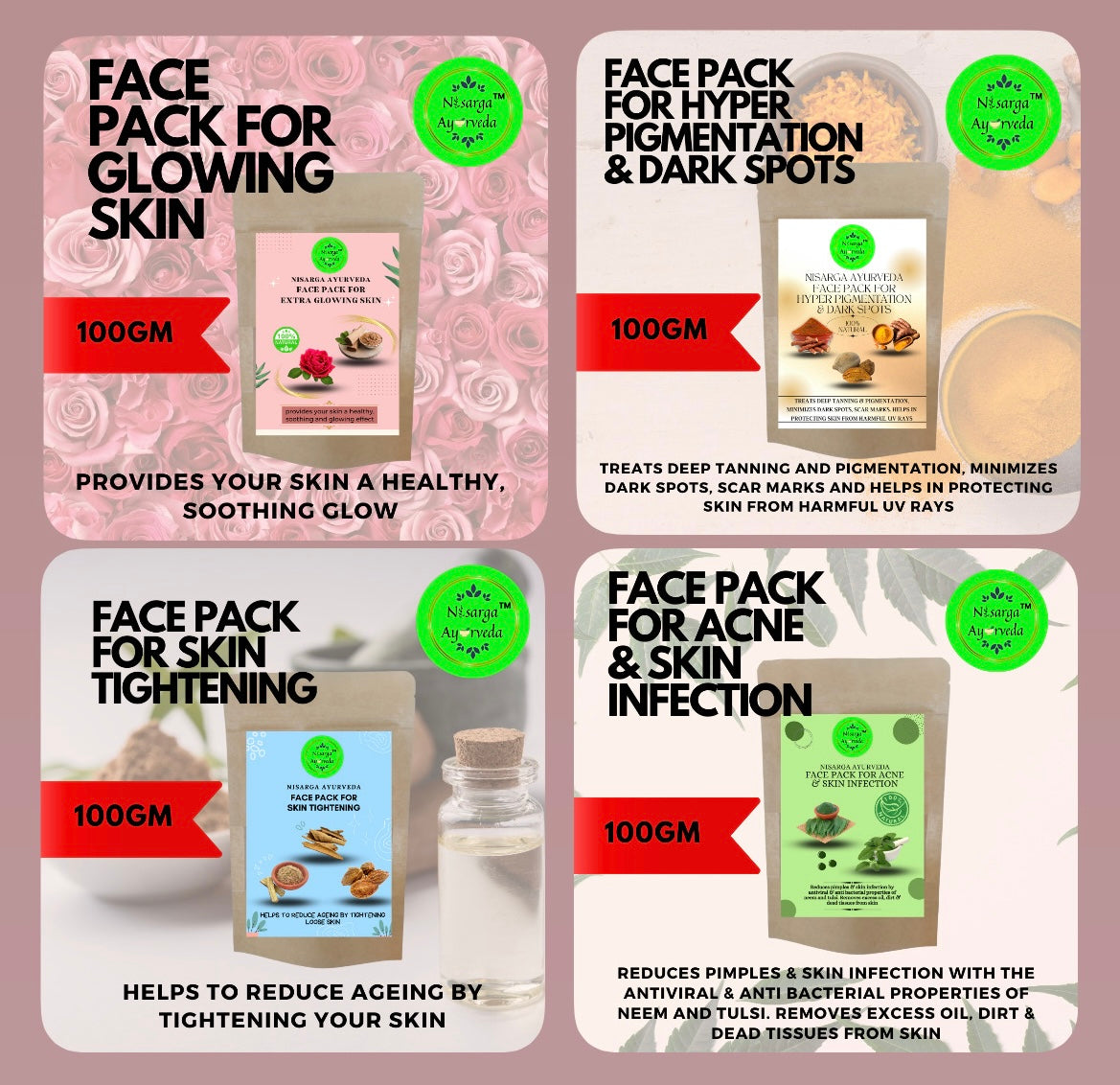 Ayurvedic Face pack combo for Skin Glowing| Skin Tightening | Acne & Pimple | Dark Spots Removal -Pack of 4 (100gm x 4)