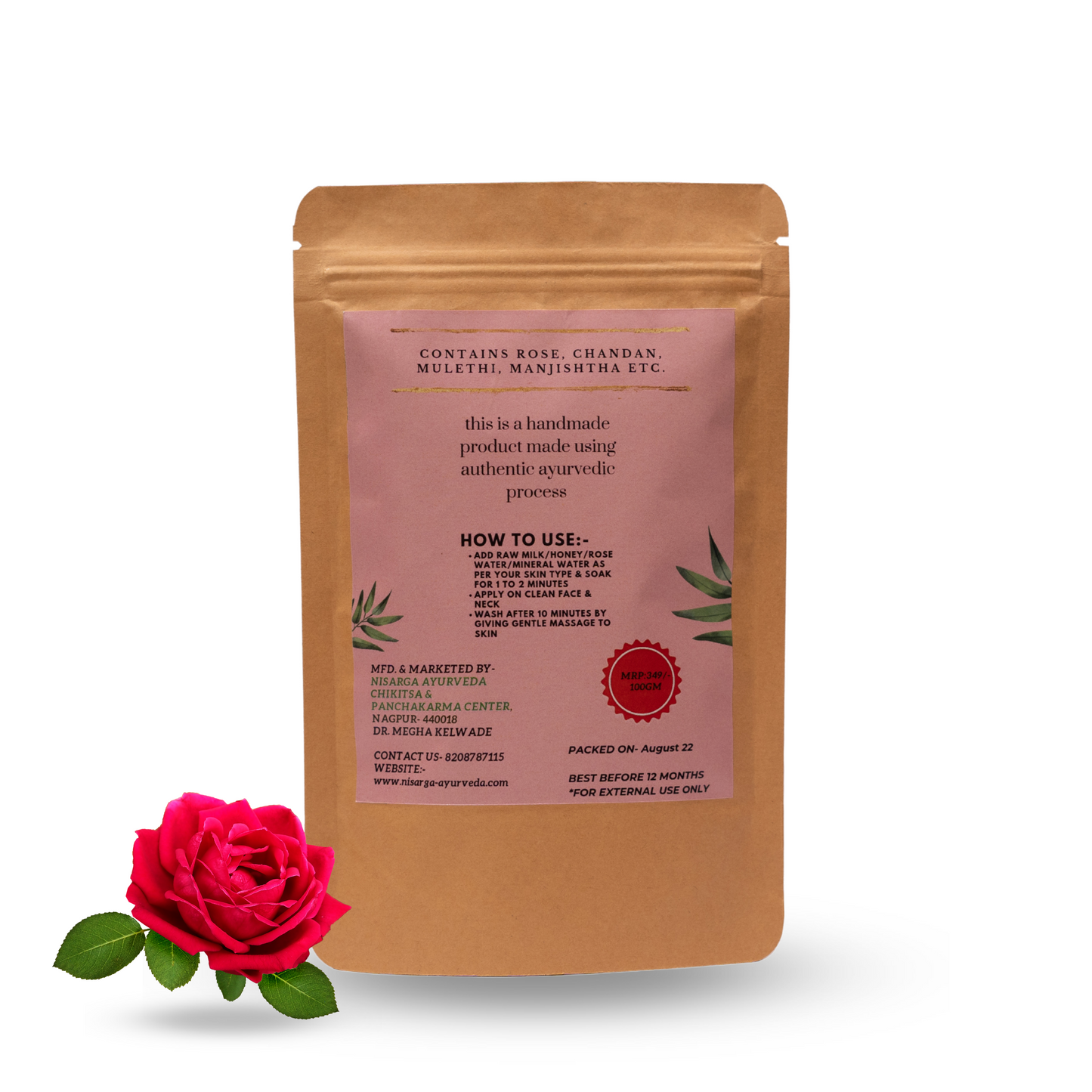 Ayurvedic Skin Glowing | Brightening | Shining | Revitalizing Rose Face Pack Scrub for Men Women and Children - 100 gm