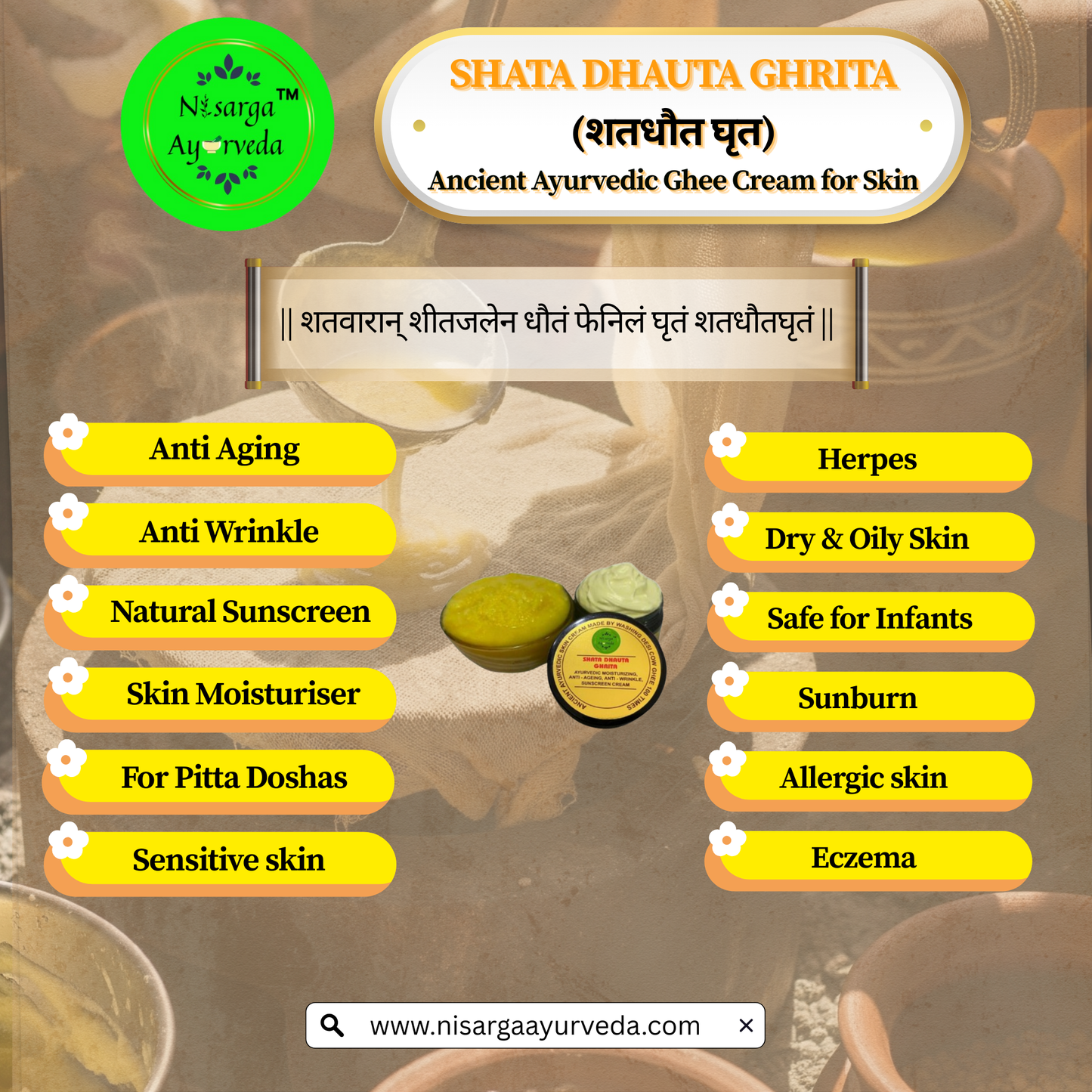 Shata Dhouta Ghrita 100 times washed Cow ghee daily Moisturiser Cream | Sunscreen UV Protection | Anti-ageing |Anti-Wrinkle Face & Skin Cream-40gm