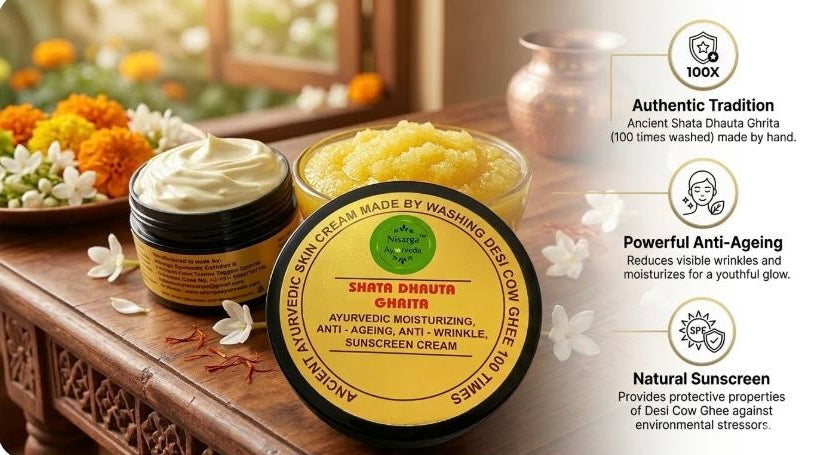 Shata Dhouta Ghrita 100 times washed Cow ghee daily Moisturiser Cream | Sunscreen UV Protection | Anti-ageing |Anti-Wrinkle Face & Skin Cream-40gm